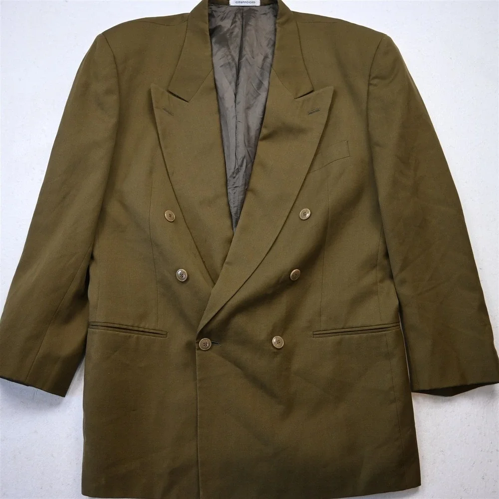 Vtg Double Breasted 42L Green 100% Wool Mens Blazer Suit Jacket Sport Coat